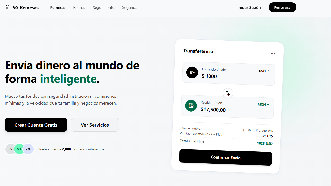 Landing de SG-Remesas: calculadora de envío de USD a MXN