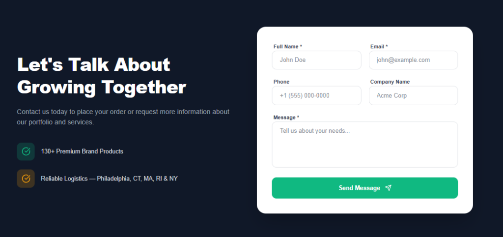 Formulario de contacto de OM Distribution con nombre, email, teléfono y empresa