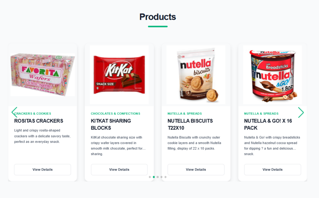Catálogo público de productos de OM Distribution con marcas como Ferrero y Nutella
