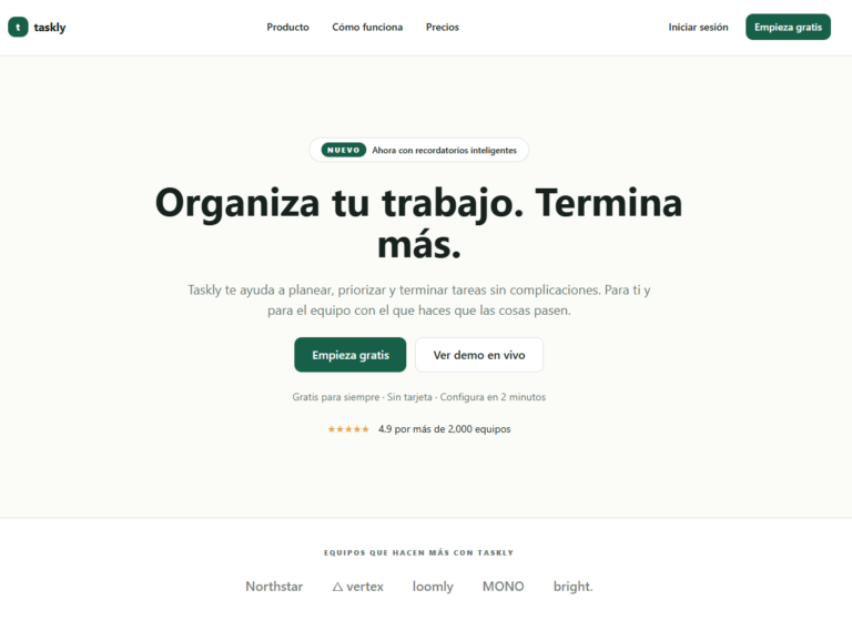 Landing de Taskly: hero con el mensaje Organiza tu trabajo, termina mas