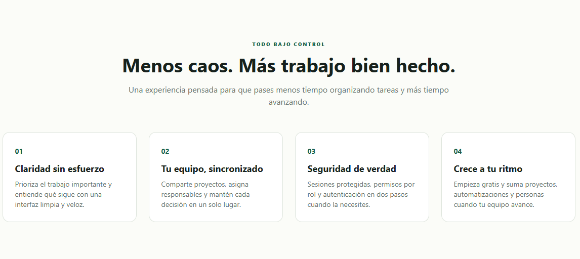 Sección de beneficios de Taskly: claridad, equipo sincronizado, seguridad, crecimiento