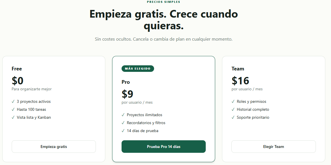 Tabla de precios de Taskly: planes Free, Pro y Team