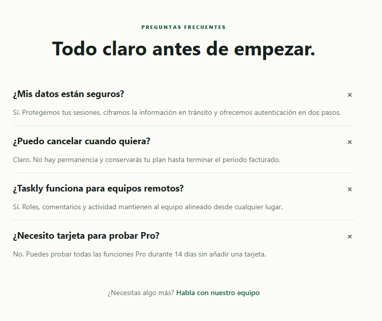 Preguntas frecuentes de Taskly en formato acordeón